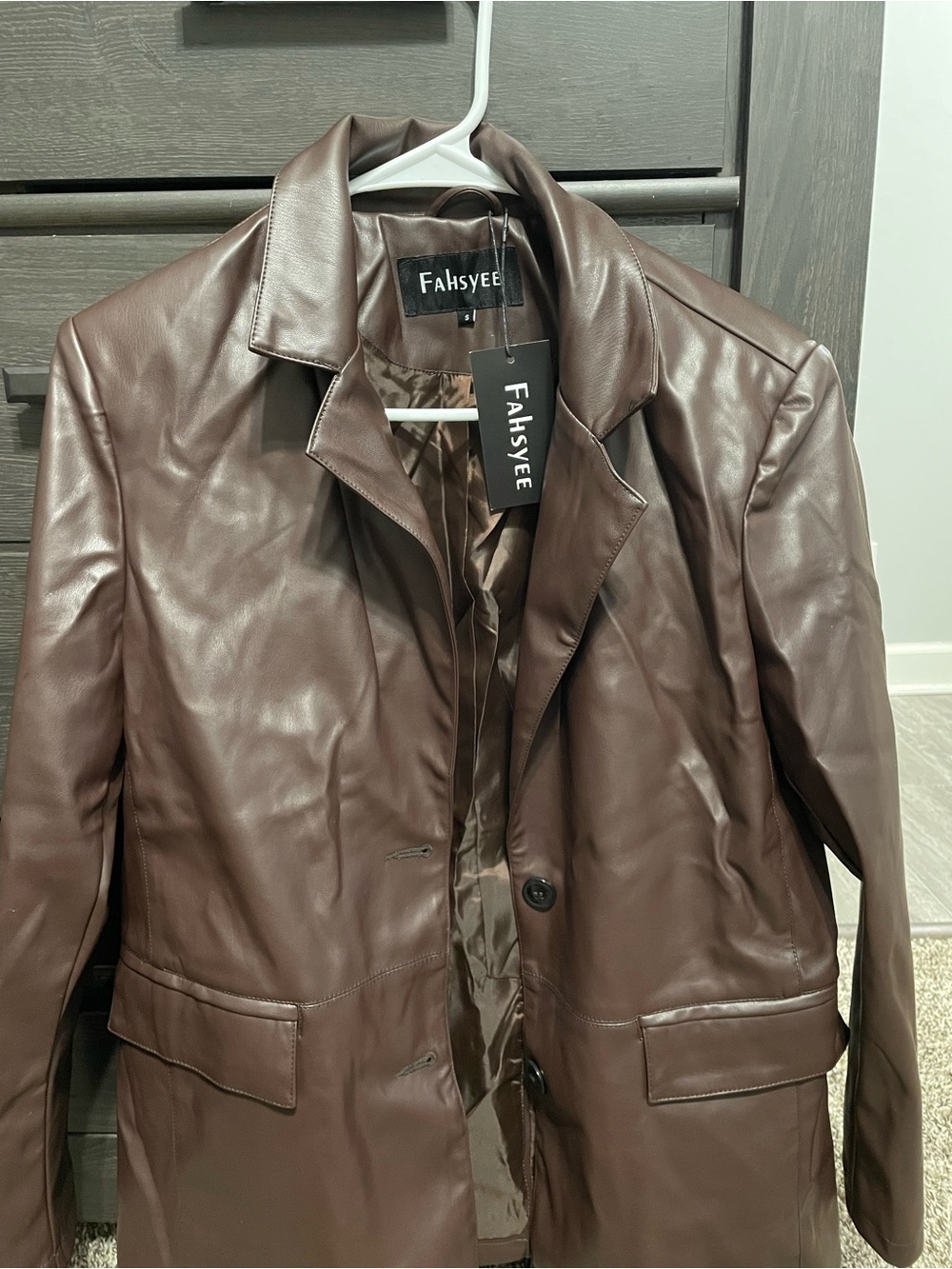 Women's Brown Faux Leather Blazer Jacket